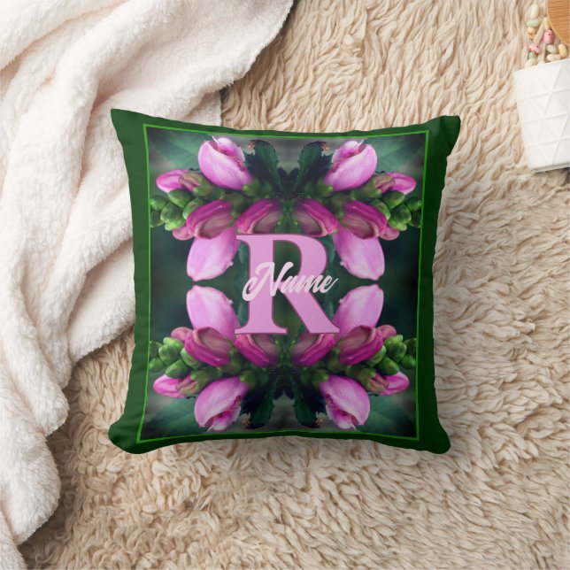 Custom Monogram Initial Name Pink Flower Art Cushion (Blanket)