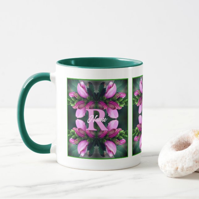 Custom Monogram Initial Name Pink Flower Art Mug (With Donut)