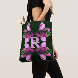 Custom Monogram Initial Name Pink Flower Art Tote Bag