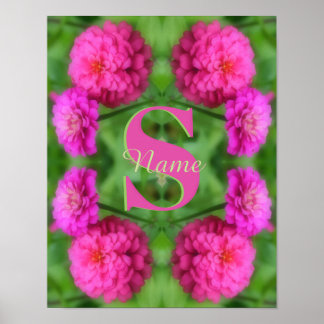 Custom Monogram Initial Name Pink Zinnias Poster