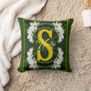 Custom Monogram Initial Name White Daisy Art Cushion