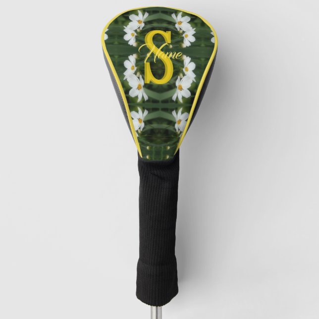 Custom Monogram Initial Name White Daisy Art Golf Head Cover (Front)