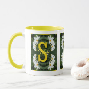 Custom Monogram Initial Name White Daisy Art Mug