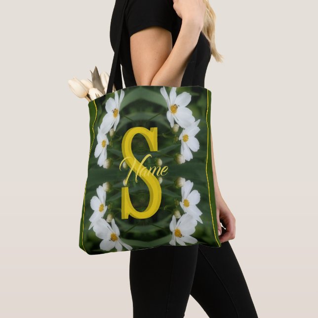 Custom Monogram Initial Name White Daisy Art Tote Bag (Close Up)