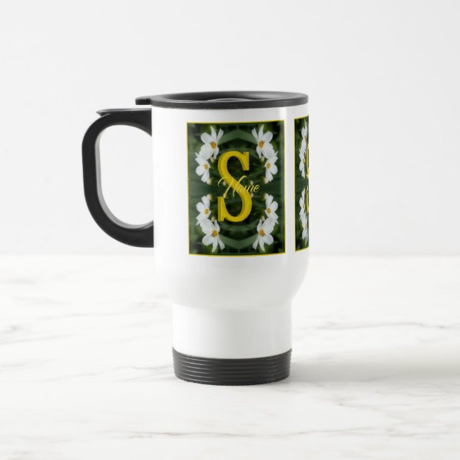 Custom Monogram Initial Name White Daisy Art Travel Mug (Left)