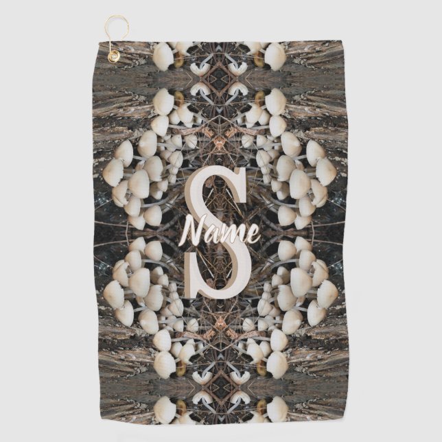Custom Monogram Initial Name Wild Mushrooms Golf Towel (Front)