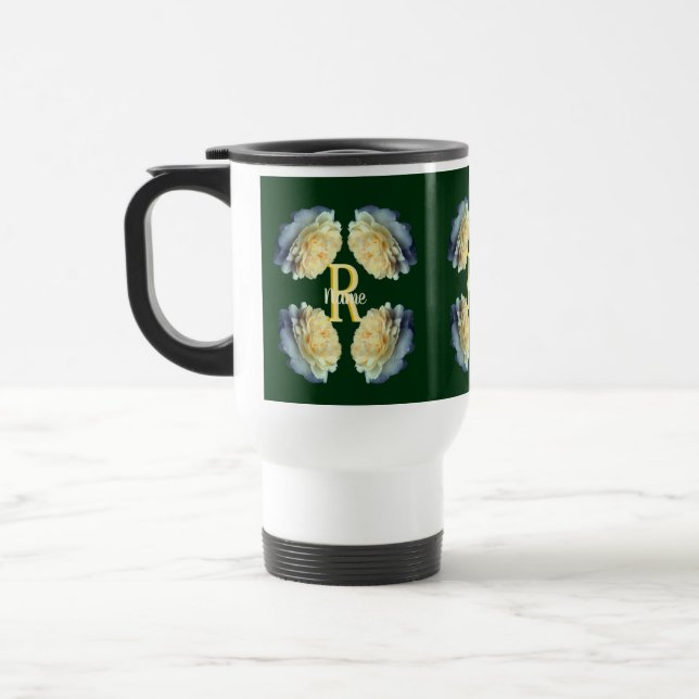 Custom Monogram Initial Name Yellow Roses Travel Mug (Left)