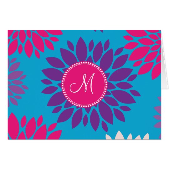Custom Monogram Initial Pink Purple Flower on Blue Card