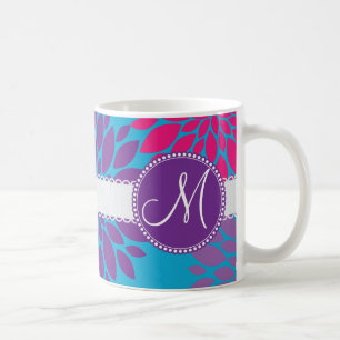 Custom Monogram Initial Pink Purple Flower on Blue Coffee Mug