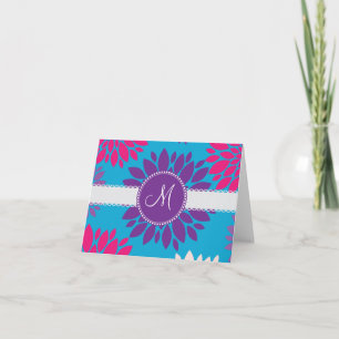Custom Monogram Initial Pink Purple Flower on Blue Note Card