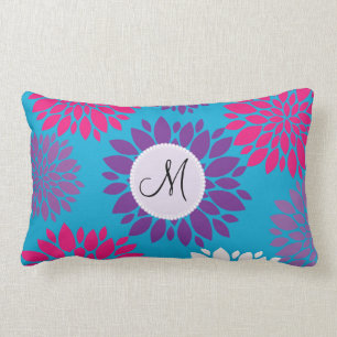 Custom Monogram Initial Pink Purple Flower on Teal Lumbar Cushion