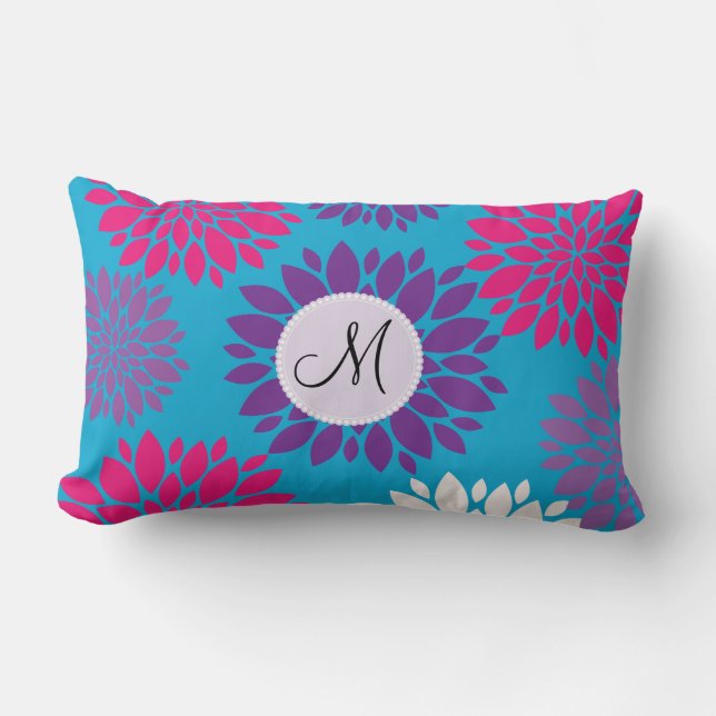 Custom Monogram Initial Pink Purple Flower on Teal Lumbar Cushion (Front)