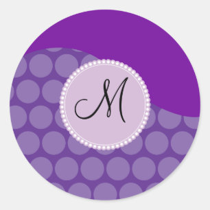 Custom Monogram Initial Purple Polka Dot Wave Classic Round Sticker