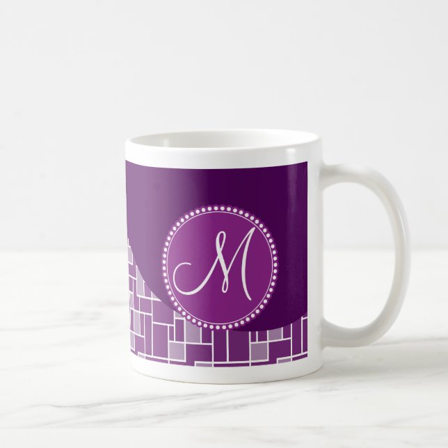 Custom Monogram Initial Purple Wave Tiles Pattern Coffee Mug (Right)