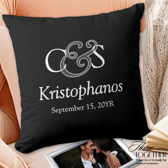 Custom Monogram Initial Script Calligraphy Wedding Cushion (Custom Elegant Script Monogram Ampersand Overlay Effect Newlywed Throw Pillow)
