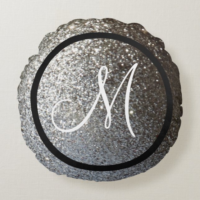 Custom monogram initial Solid silver glitter Round Cushion (Front)