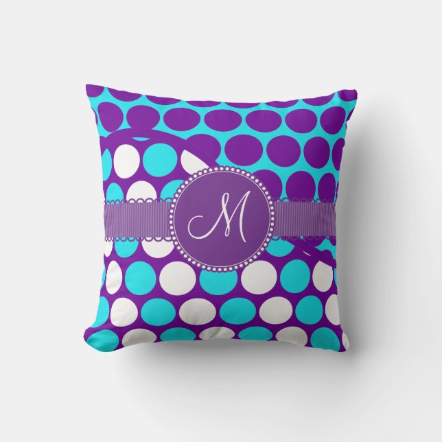 Custom Monogram Initial Teal Purple Polka Dots Cushion (Front)
