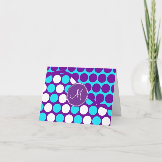 Custom Monogram Initial Teal Purple Polka Dots Note Card (Front)
