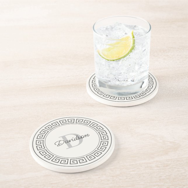 Custom Monogram Initials Greek Meander Stylish Coaster (Side)
