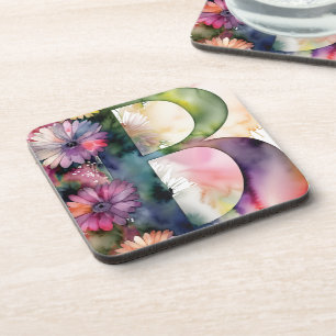 Custom Monogram Jewel Tone Watercolor Floral Coaster