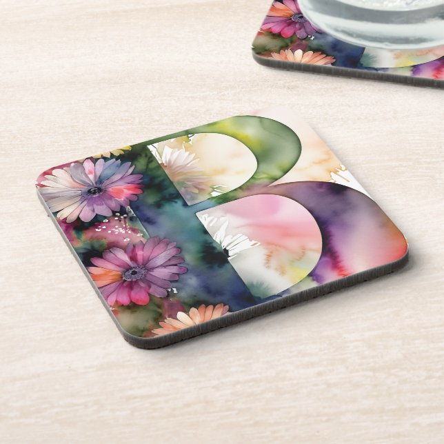 Custom Monogram Jewel Tone Watercolor Floral  Coaster (Left Side)