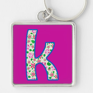 Custom Monogram K Keychain, Pink Floral Pattern Key Ring