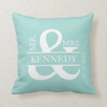 Custom Monogram Keepsake Wedding Pillow<br><div class="desc">Personalised Custom Monogram keepsake wedding or anniversary pillow in White words, text or typograhy on a light Mint Green background on the front and light Mint Green background on the back for square throw pillows and cushions. Customise with the bride and groom family name and wedding date. This stylish and...</div>