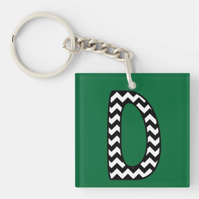 Custom Monogram Keychain: D: Black, White Chevrons Key Ring (Front)