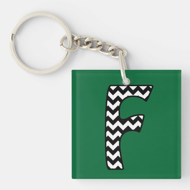 Custom Monogram Keychain: F: Black, White Chevrons Key Ring (Front)