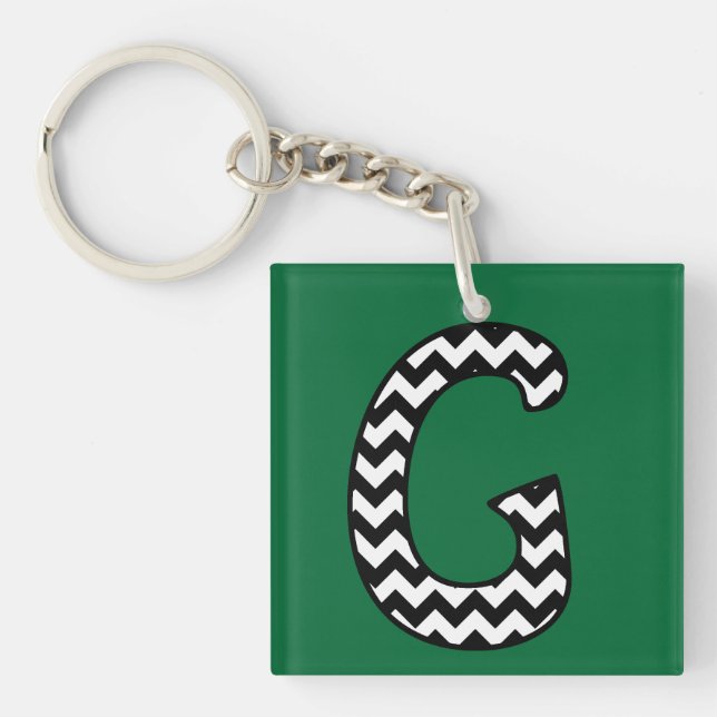 Custom Monogram Keychain: G: Black, White Chevrons Key Ring (Front)