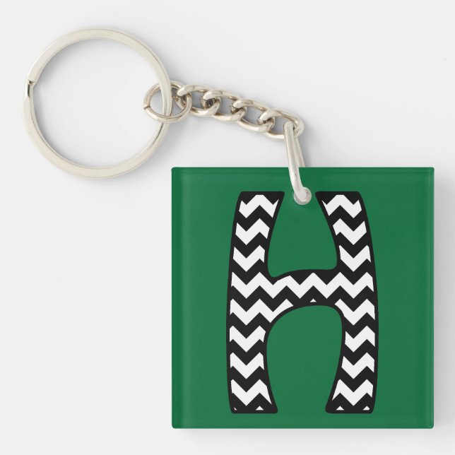 Custom Monogram Keychain: H: Black, White Chevrons Key Ring (Front)