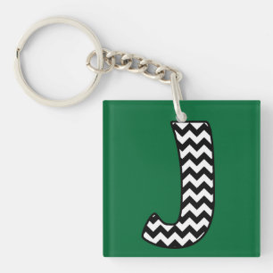 Custom Monogram Keychain: J: Black, White Chevrons Key Ring
