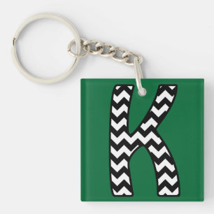 Custom Monogram Keychain: K: Black, White Chevrons Key Ring