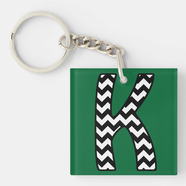 Custom Monogram Keychain: K: Black, White Chevrons Key Ring (Front)