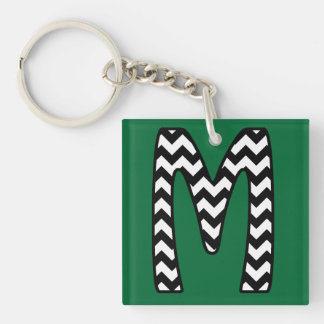 Custom Monogram Keychain: M: Black, White Chevrons Key Ring