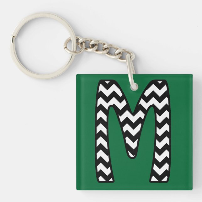 Custom Monogram Keychain: M: Black, White Chevrons Key Ring (Front)