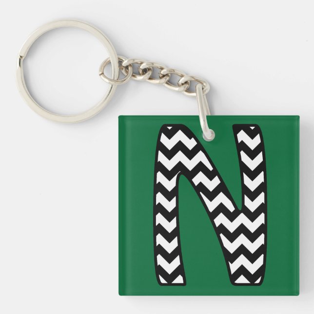 Custom Monogram Keychain: N: Black, White Chevrons Key Ring (Front)