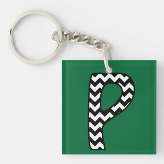 Custom Monogram Keychain: P: Black, White Chevrons Key Ring