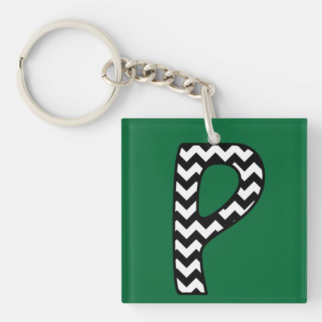 Custom Monogram Keychain: P: Black, White Chevrons Key Ring (Front)