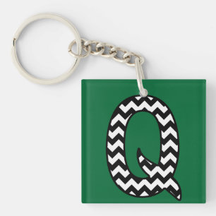 Custom Monogram Keychain: Q: Black, White Chevrons Key Ring