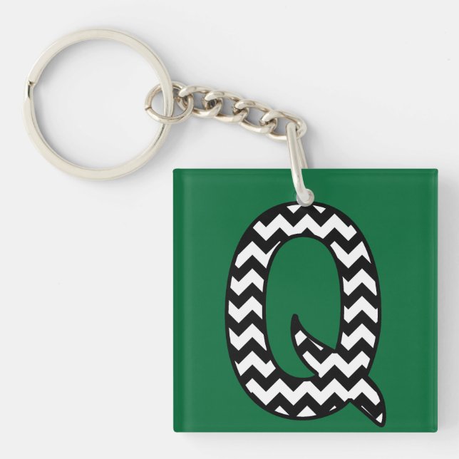 Custom Monogram Keychain: Q: Black, White Chevrons Key Ring (Front)