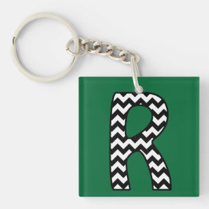 Custom Monogram Keychain: R: Black, White Chevrons Key Ring