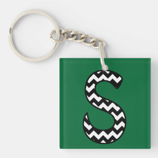 Custom Monogram Keychain: S: Black, White Chevrons Key Ring