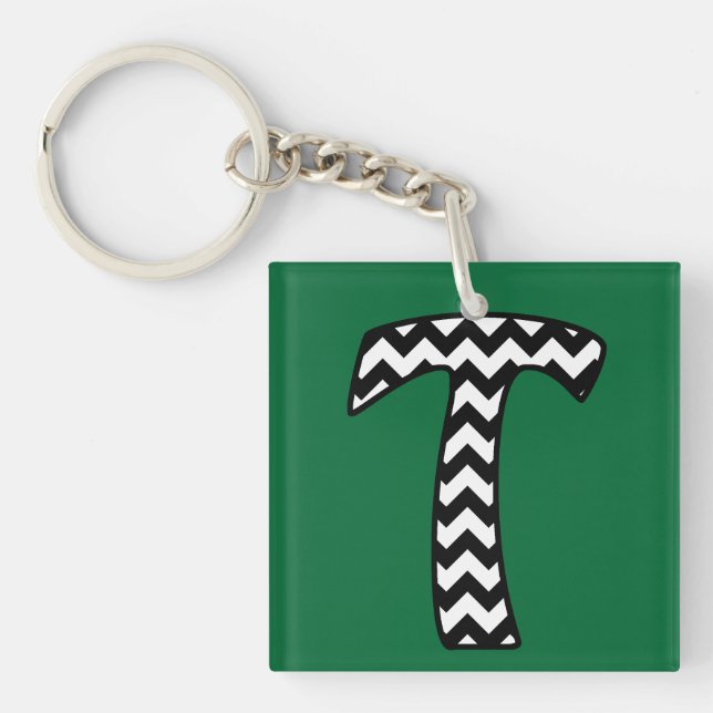 Custom Monogram Keychain: T: Black, White Chevrons Key Ring (Front)