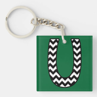 Custom Monogram Keychain: U: Black, White Chevrons Key Ring