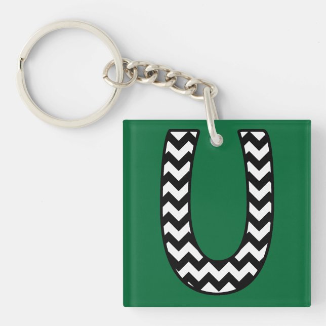 Custom Monogram Keychain: U: Black, White Chevrons Key Ring (Front)