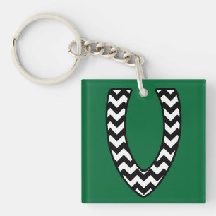Custom Monogram Keychain: V: Black, White Chevrons Key Ring