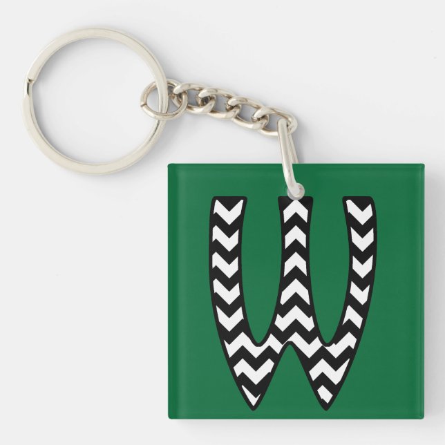 Custom Monogram Keychain: W: Black, White Chevrons Key Ring (Front)