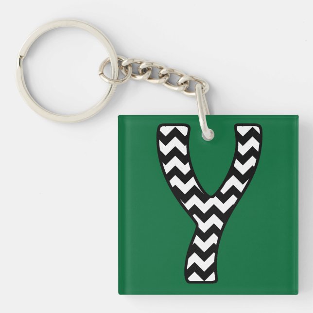 Custom Monogram Keychain: Y: Black, White Chevrons Key Ring (Front)