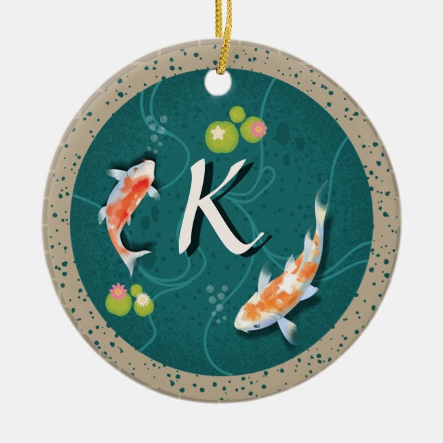 Custom Monogram Koi Pond Japanese Water Garden Ceramic Tree Decoration (Front)